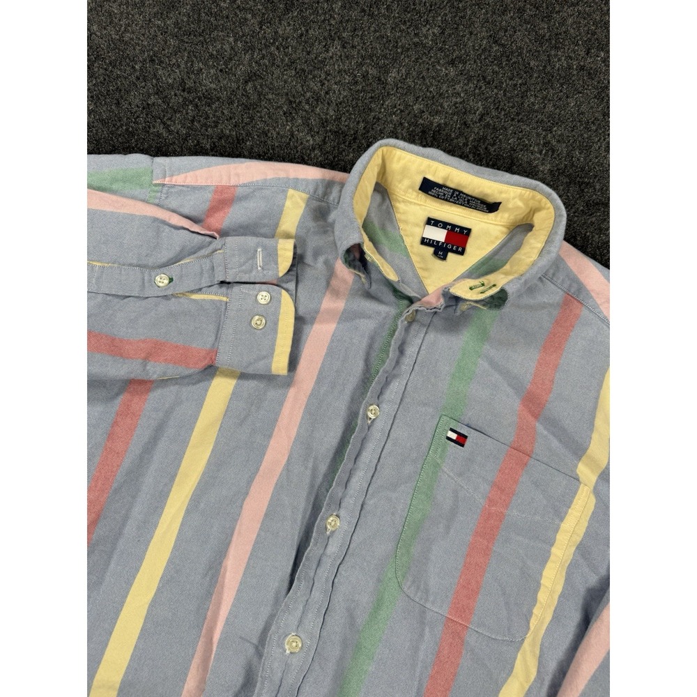 VTG Tommy Hilfiger Shirt Mens M Pastel Stripe Button Down 90s Flag Logo